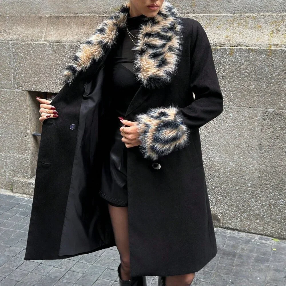 Black Elegant Women's Leopard Print Fur Overcoat